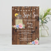 Sip and See Baby shower Floral Wood Rustic Invite Kaart (Staand voorkant)