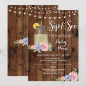 Sip and See Baby shower Floral Wood Rustic Invite Kaart (Voorkant / Achterkant)