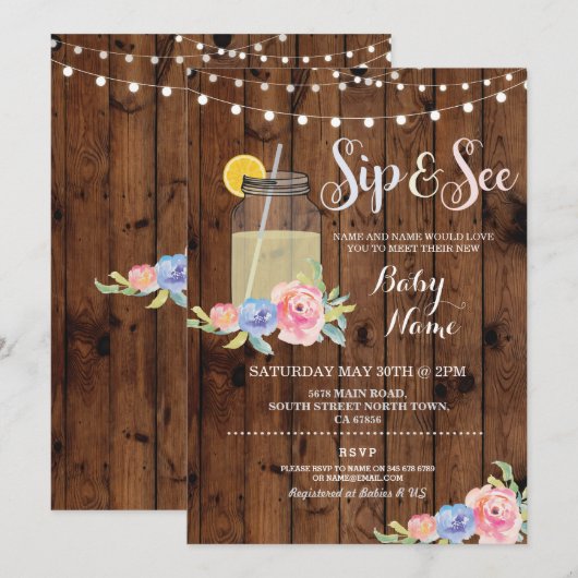 Sip and See Baby shower Floral Wood Rustic Invite Kaart (Voorkant / Achterkant)