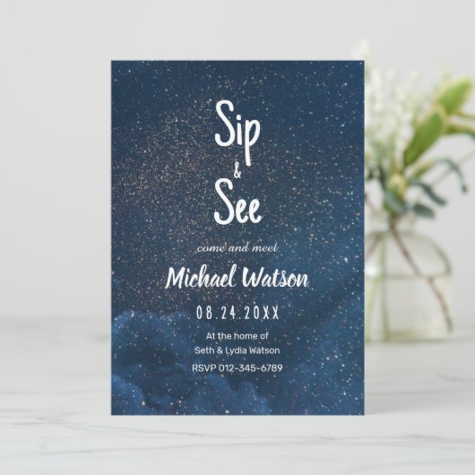 Sip and See Baby shower Invitation, Sterrennacht Kaart (Staand voorkant)