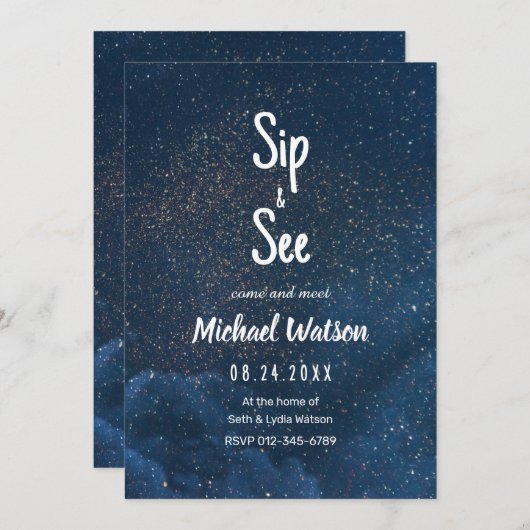 Sip and See Baby shower Invitation, Sterrennacht Kaart (Voorkant / Achterkant)