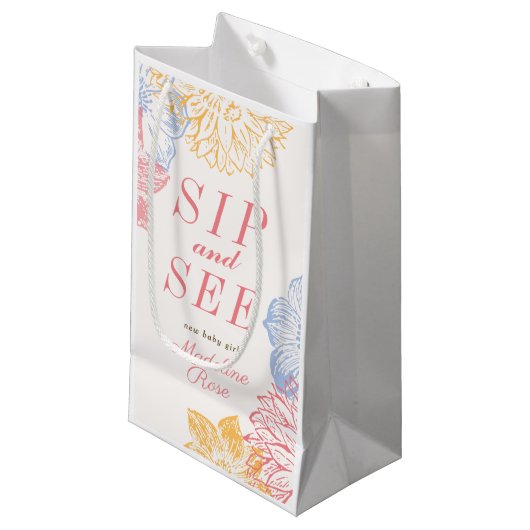 Sip and See Baby shower Label Modern Floral Klein Cadeauzakje (Voorkant Gekanteld)
