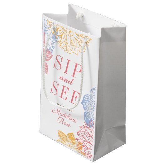 Sip and See Baby shower Label Modern Floral Klein Cadeauzakje (Achterkant Gekanteld)