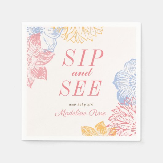 Sip and See Baby shower Label Modern Floral Servet (Voorkant)