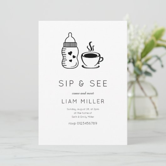 Sip and See Baby shower Minimalistisch baby shower Kaart (Staand voorkant)