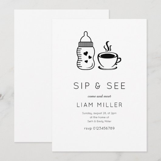 Sip and See Baby shower Minimalistisch baby shower Kaart (Voorkant / Achterkant)