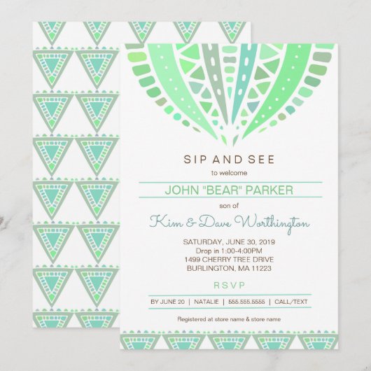 Sip and See baby shower nodig, boy mandala Kaart (Voorkant / Achterkant)