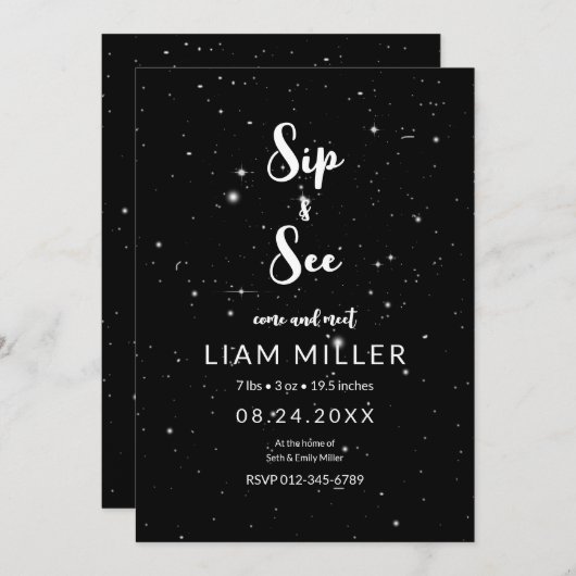 Sip and See Baby shower, StarryNight Minimalist Kaart (Voorkant / Achterkant)