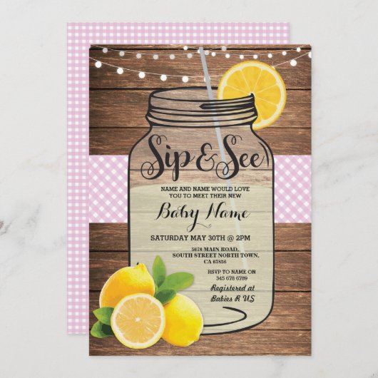 Sip and See Baby shower Wood Rustiek Roze Uitnodig Kaart (Voorkant / Achterkant)
