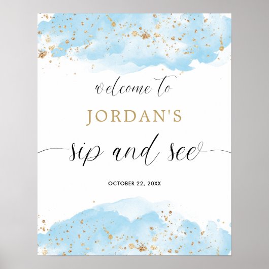 Sip and See Blue gouden waterverf welkomstbord Poster (Voorkant)