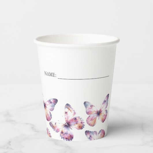 Sip and See Butterfly Theme Paarse Custom Papieren Bekers (Achterkant)