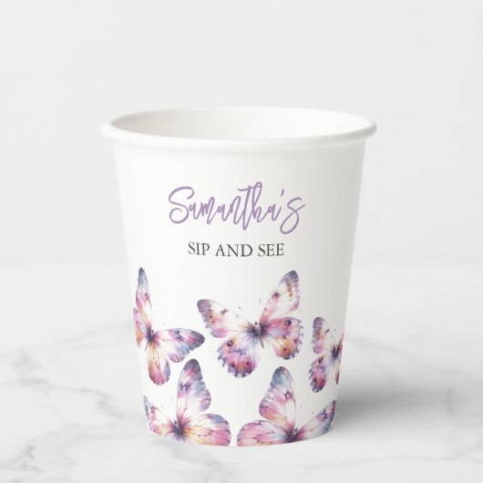 Sip and See Butterfly Theme Paarse Custom Papieren Bekers (Voorkant)