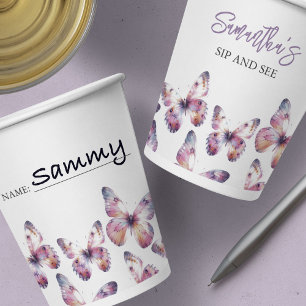 Sip and See Butterfly Theme Paarse Custom Papieren Bekers