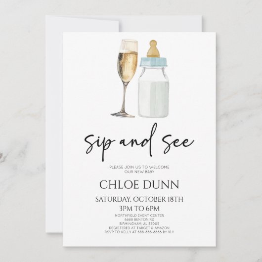 Sip and See Champagne Baby Bottle Baby shower Kaart (Voorkant)