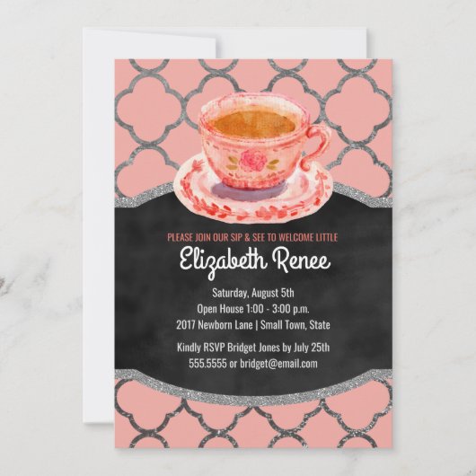 Sip and See New Baby Girl Welkom Teacup Uitnodigin Kaart (Voorkant)