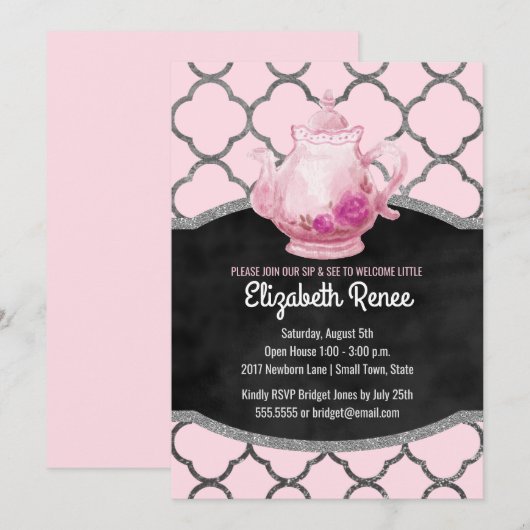 Sip and See New Baby Girl Welkom Theepot Uitnodigi Kaart (Voorkant / Achterkant)