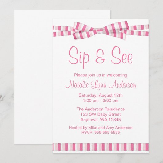 Sip and See Pink Stripe Ribbon Bow Kaart (Voorkant / Achterkant)