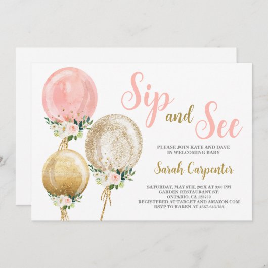 Sip and See roze ballonnen baby shower meisje Kaart (Voorkant / Achterkant)