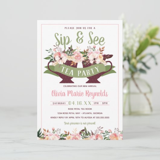 Sip and See Tea Party Baby shower Uitnodiging (Staand voorkant)
