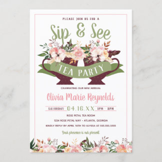 Sip and See Tea Party Baby shower Uitnodiging