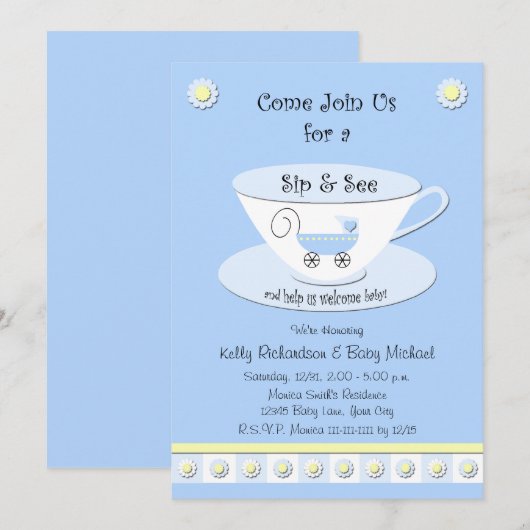 Sip and See Uitnodigingen Baby Boy Shower (Voorkant / Achterkant)
