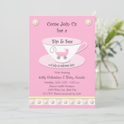 Sip and See Uitnodigingen Baby Girl Shower (Staand voorkant)