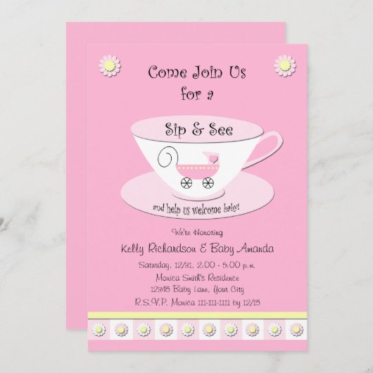 Sip and See Uitnodigingen Baby Girl Shower (Voorkant / Achterkant)