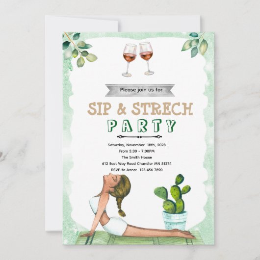 Sip and Stretch Wine and Yoga invitation Kaart (Voorkant)