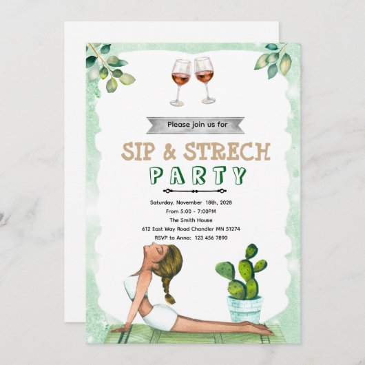 Sip and Stretch Wine and Yoga invitation Kaart (Voorkant / Achterkant)