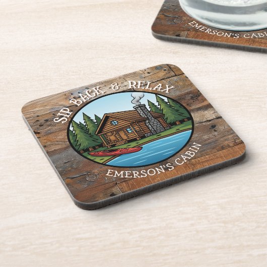 Sip Back and Relax Log Cabin Personalized Bier Onderzetter (Linkerzijde)