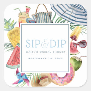 Sip & Dip Pool Party Paraplu Blauw Bruiloft Feest Vierkante Sticker