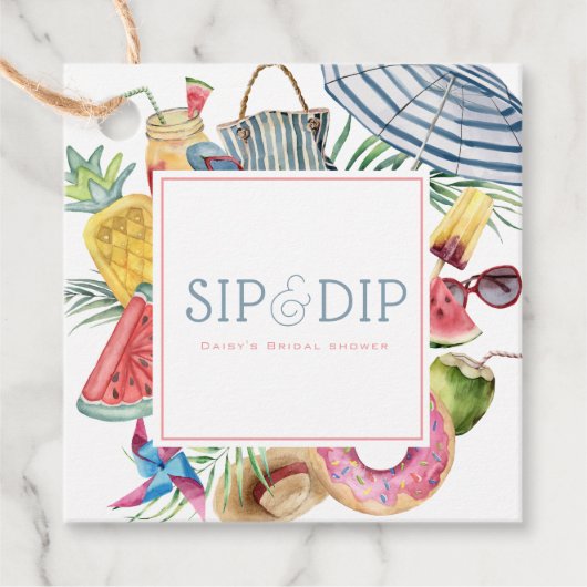 Sip & Dip Pool Party Paraplu Roze Bruidsdouche Bedankjes Labels (Voorkant)