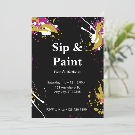 Sip en Paint Party Invitation Kaart (Staand voorkant)