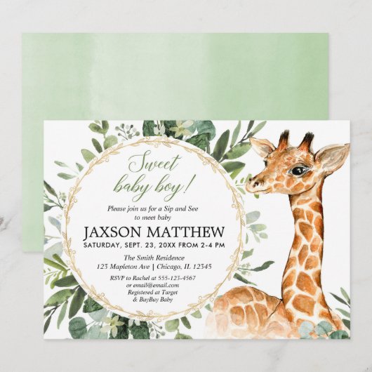 Sip en See Baby boy, giraffe baby shower Kaart (Voorkant / Achterkant)