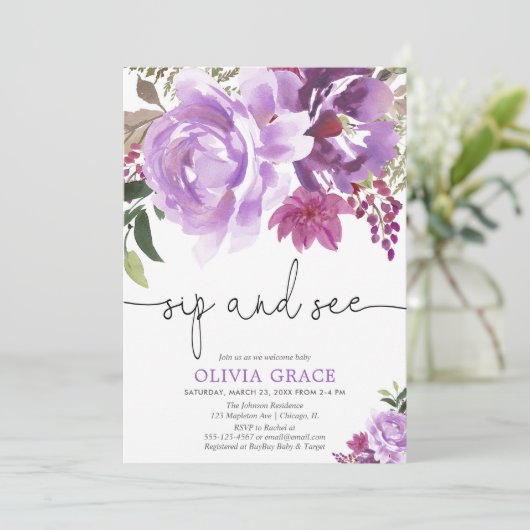 Sip en See baby girl, paarse lavender floral Kaart (Staand voorkant)