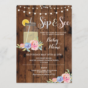 Sip en See Baby shower Floral Wood Rustic Invite Kaart
