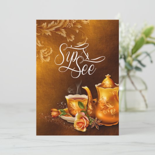 Sip en See Baby shower Nostalgic Gold Tea Party Kaart (Staand voorkant)