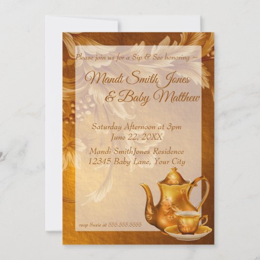 Sip en See Baby shower Nostalgic Gold Tea Party Kaart (Achterkant)