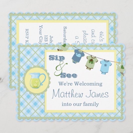 Sip en See Blue Gingham Bunting Baby shower Kaart (Voorkant / Achterkant)