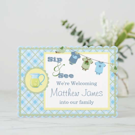 Sip en See Blue Gingham Bunting Baby shower Kaart (Staand voorkant)