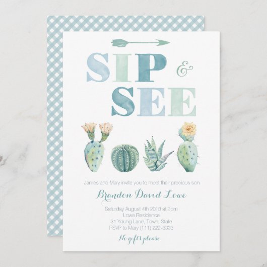 Sip en See for boy with waterverf cacti, gingham Kaart (Voorkant / Achterkant)