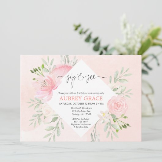 Sip en See girl baby shower Floral blush roze Kaart (Staand voorkant)