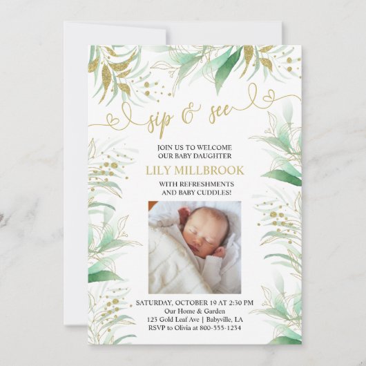 Sip en See Greenery Green and Gold Elegant Kaart (Voorkant)