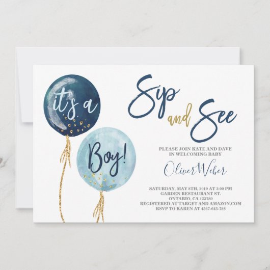 Sip en See marineblauw ballonnen baby shower boy I Kaart (Voorkant)