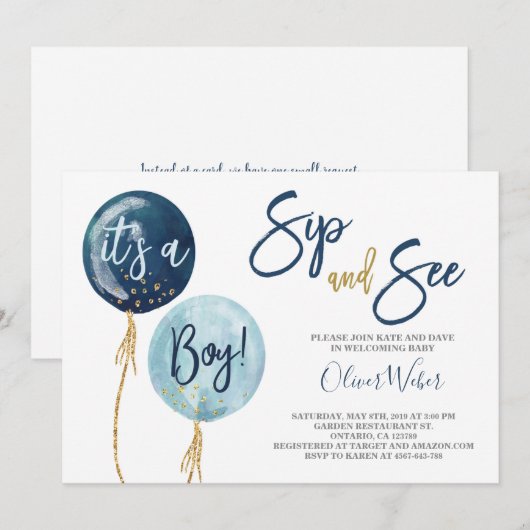 Sip en See marineblauw ballonnen baby shower boy I Kaart (Voorkant / Achterkant)