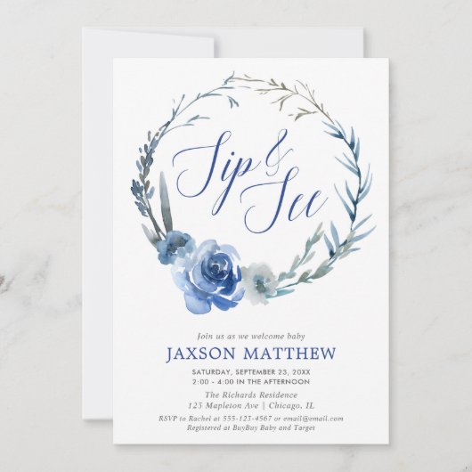 Sip en See marineblauw elegant florale waterverven Kaart (Voorkant)