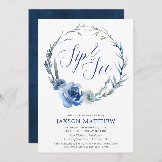 Sip en See marineblauw elegant florale waterverven Kaart (Voorkant / Achterkant)