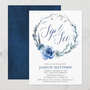 Sip en See marineblauw elegant florale waterverven Kaart
