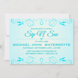 Sip en See Modern Blue Flourish Stripes Invite Kaart