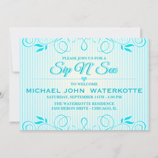 Sip en See Modern Blue Flourish Stripes Invite Kaart (Voorkant)